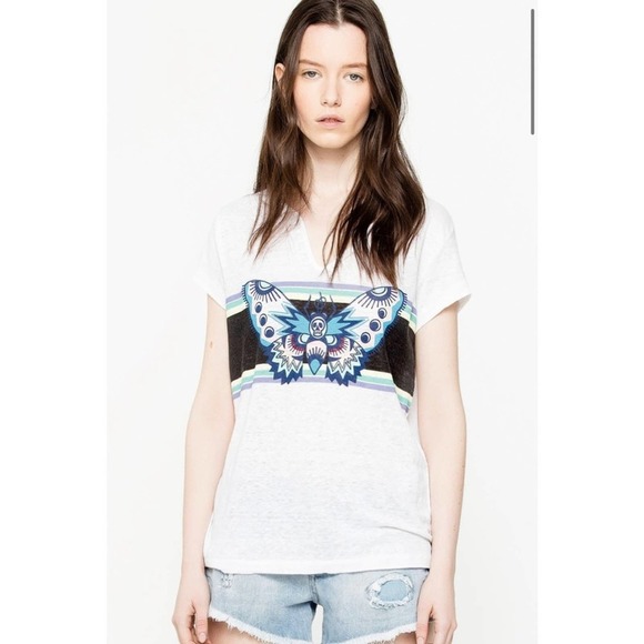 Zadig & Voltaire Linen Skull Butterfly Henley T-Shirt - Picture 1 of 8